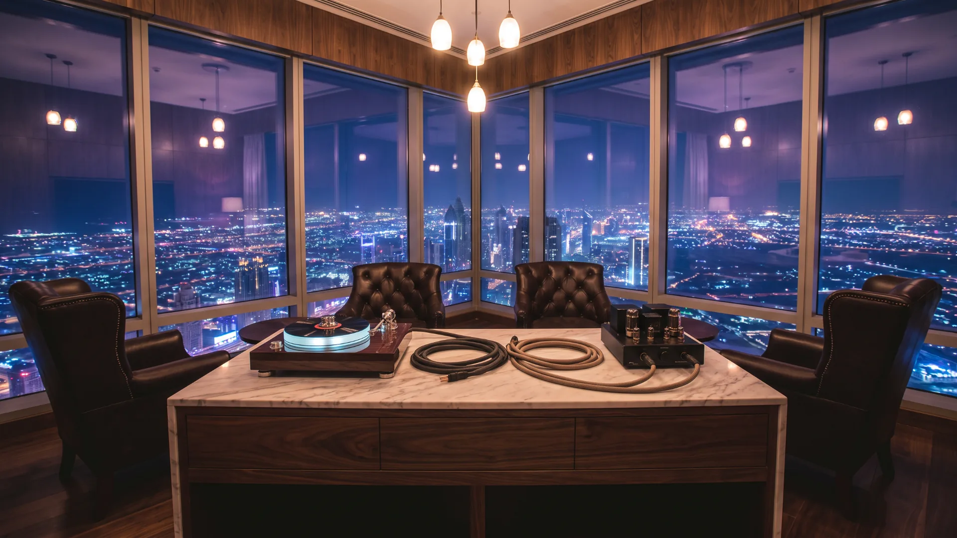 High-end audio system with turntable, tube amplifier and speakers in Dubai