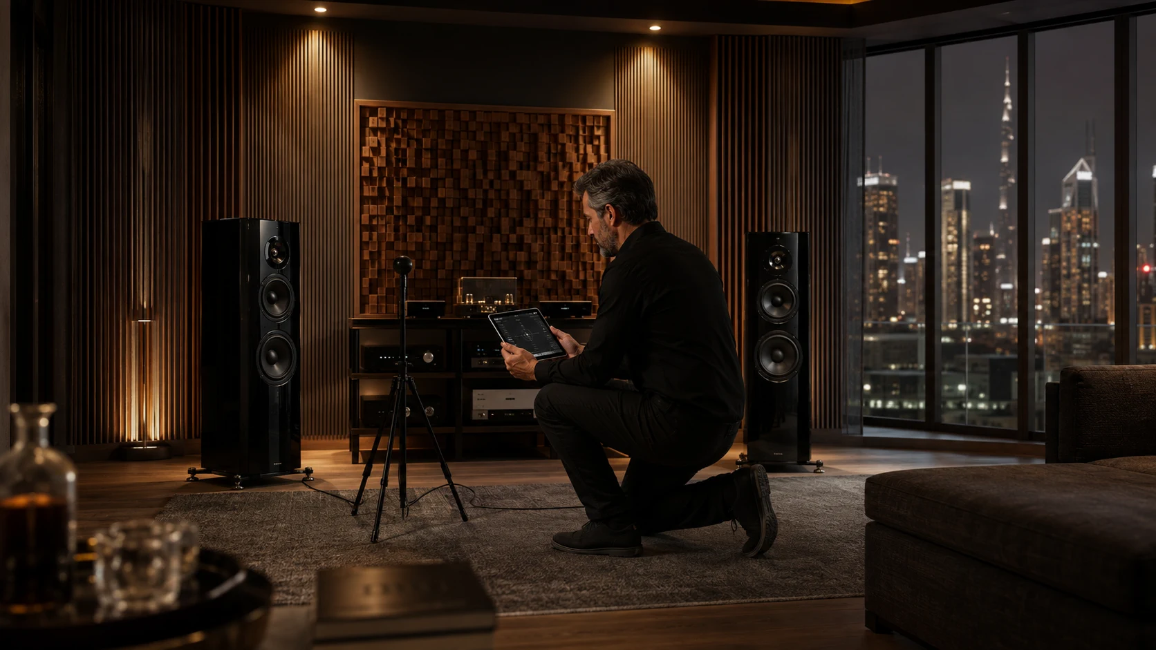 MUVON specialist calibrating a high-end audio system in Dubai